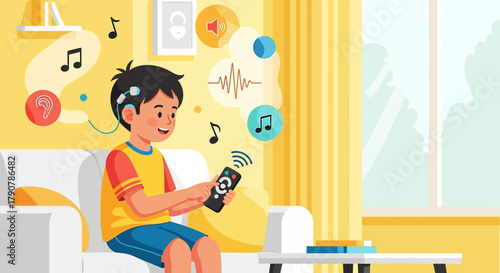 Illustration of a young boy with a cochlear implant using a remote control in his home environment