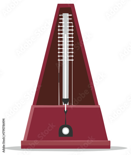 Music metronome in red, stylized vector illustration for musical education.