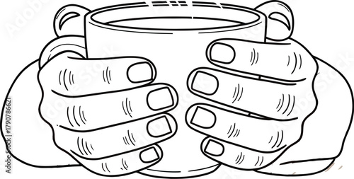 Hands holding a steaming cup of coffee on a cold winter day illustration