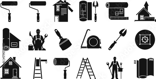 Construction, home, improvement, silhouette, black, white, tool, ladder, paint, roller, blueprint, house, worker, renovation, icon, minimal, grid, architecture, design, DIY