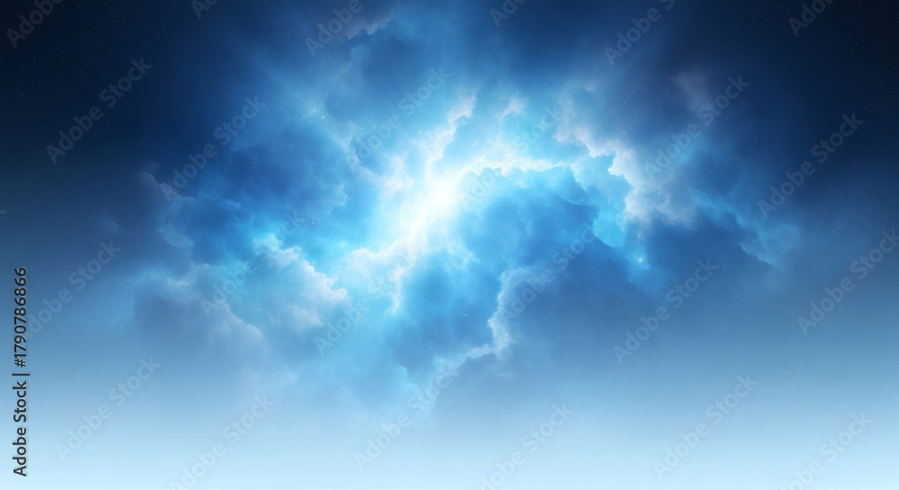 Obraz premium Celestial Burst: A dynamic display of radiant light pierces through a sea of atmospheric blue hues, creating a spectacle of intense energy and ethereal beauty. 