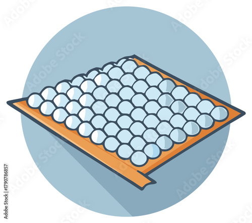 Illustration of a wooden tray filled with blue bubble wrap for packaging and protection