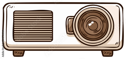 Illustration of beige projector with rounded edges, lens, and ventilation grill for presentations or home cinema setups.