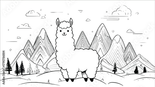 Cute Kawaii Llama in Majestic Mountain Landscape