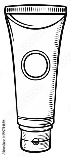 Hand drawn sketch of a cosmetic cream tube with a textured cap and circular emblem