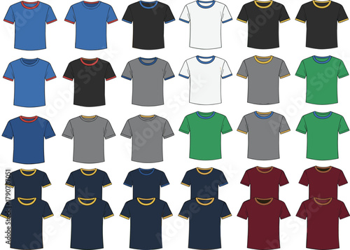 Men’s t-shirt illustration grid, color combination chart, sleeve and neckline trim variation, fashion mockup, apparel vector, casual wear, garment design reference