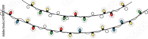 Festive string lights with colorful bulbs hanging against a white background