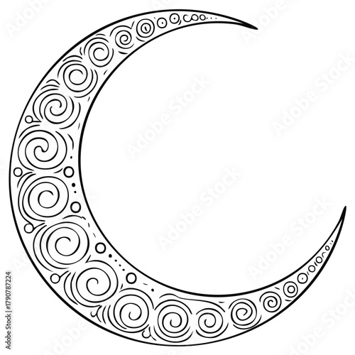 Decorative Crescent Moon with Swirls and Dots Line Art Illustration