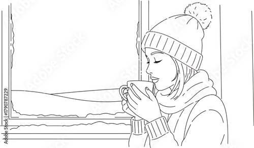 Woman enjoying hot drink by window watching winter snow fall illustration