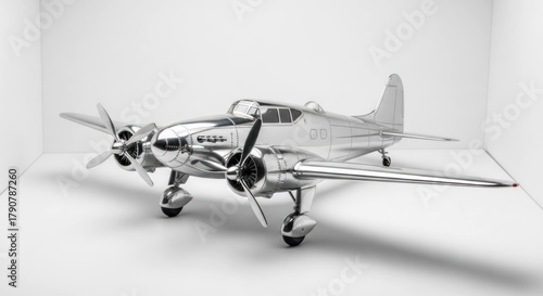 Polished silver airplane model in white box
