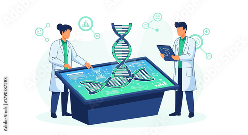 Illustration of scientists analyzing dna data on a digital display in a laboratory