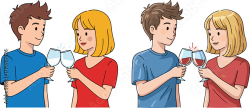Couple clinking glasses, before and after toast, expressive gesture, lifestyle illustration, drink ritual, emotional contrast, celebration moment, cartoon scene
