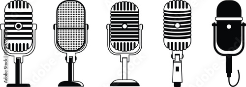 Vintage retro microphone collection, classic audio recording equipment illustration, old style radio mic set, black and white vector design isolated