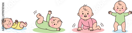 Cute baby development stages illustration, newborn to toddler growth, crawling, rolling, standing baby, early childhood, child growth, parenting concept design