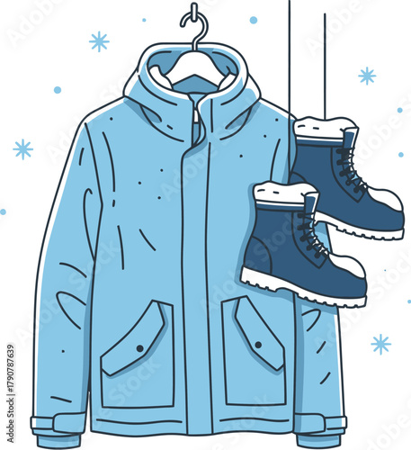 Winter coat and boots hanging ready for a snowy day adventure outdoors fun