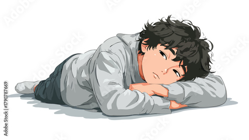 Relaxed Anime Cartoon Boy Resting Lazily on White Background Vector Illustration