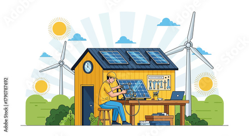Illustration showcasing a technician working on solar panel installation with wind turbine