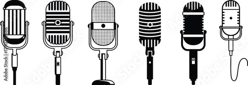 Vintage retro microphone collection, classic music mic set, audio recording equipment illustration, black and white vector design isolated on white