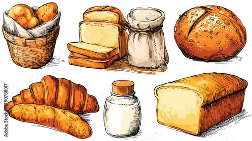 Assorted Baked Products on White Background Vector Illustration