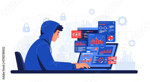 Illustrative depiction of a cybersecurity expert analyzing data on multiple screens