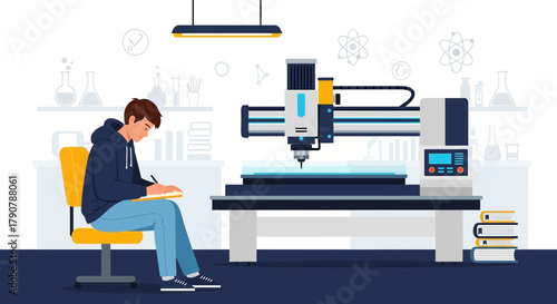 Illustrative depiction of a student working on engineering project using a CNC machine