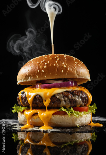 Juicy gourmet hamburger with melted cheese on black background with smoke, high resolution	
