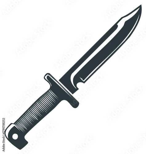 Vintage military combat knife with a clip point blade in a monochrome engraved style illustration