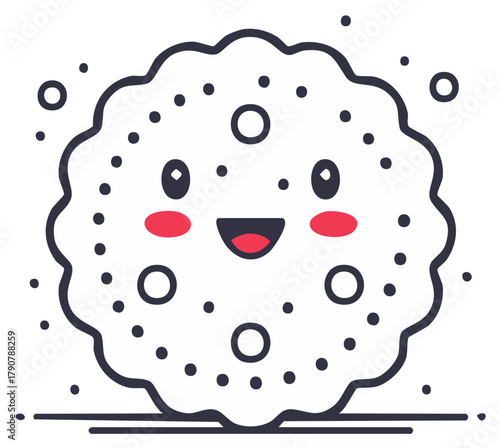 Cute smiling cookie illustration with frosting, a cheerful biscuit with smiling eyes and rosy cheeks.