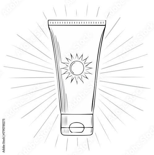 Sunscreen tube illustration sun rays summer protection vacation