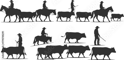 Cowboy silhouette illustration, cattle herding scene, horseback and walking poses, rural ranch life, Western attire, livestock movement, vector art, dramatic