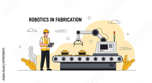 Illustrative representation of robotics in manufacturing with automated production lines and human