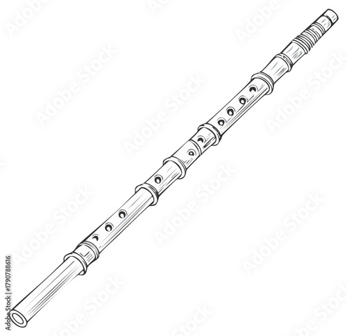 Black and white line art drawing of a traditional woodwind bamboo flute musical instrument for music