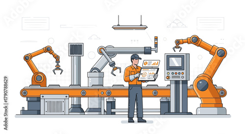 Industrial automation and operator monitoring the robotic arm system via tablet interface