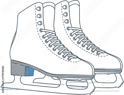 Pair of ice skates with snowflakes falling in a winter scene on a white background