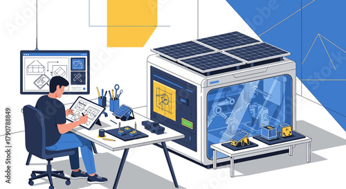 Innovation hub designer working on sustainable energy solutions with 3D printer and tablet