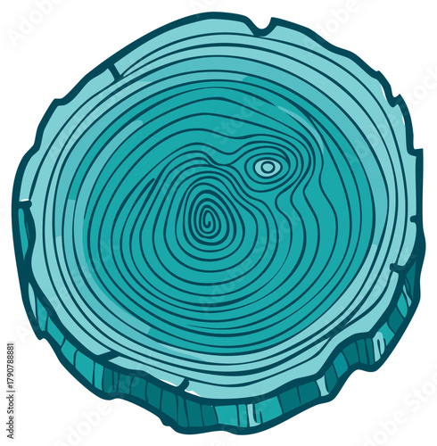 Stylized Teal Tree Trunk Cross Section Illustration with Growth Rings