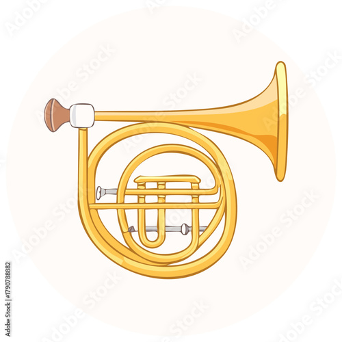 Golden French horn classical brass wind instrument cartoon illustration icon