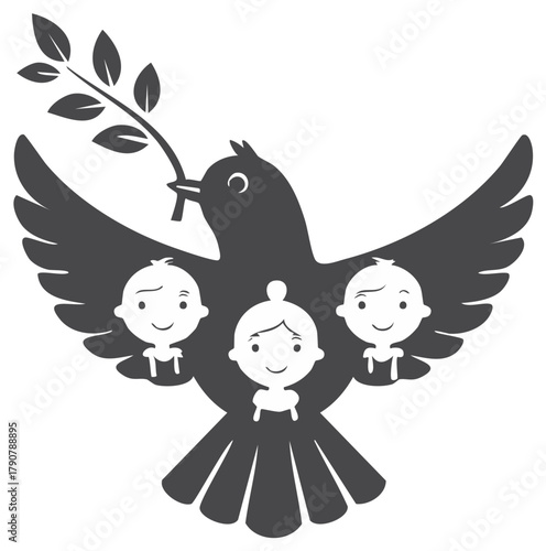 Stylized peace dove with an olive branch and children faces symbolizing hope innocence and future