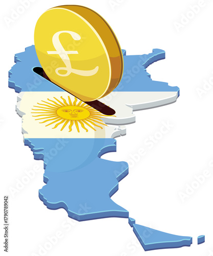A pound coin being inserted into a slot on the Argentina map (flag colors). Concept for foreign investment, finance, or economic aid. (cut out)