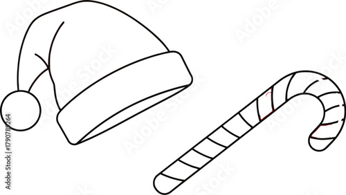 Cartoon santa hat and candy cane illustration on a cream colored background image