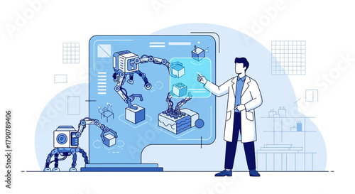 Innovative robotic system design with engineer controlling automation process and development