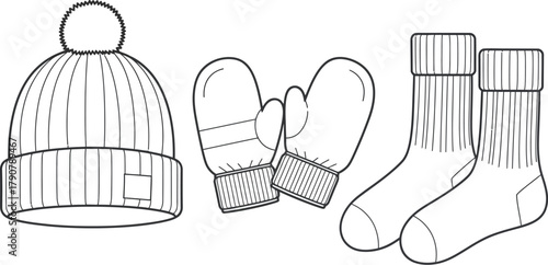 Winter clothing set with hat mittens and socks on a white background line art