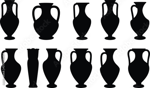 Ancient vase silhouettes, amphora shapes, pottery icons, black vector set, historical design elements, isolated, editable, ceramic, archaeology, art