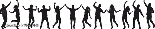 Dancing silhouettes, celebration poses, joyful movement, black and white, expressive figures, raised arms, energy, rhythm, minimal design, group, motion