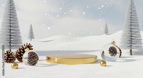 Winter scene with Christmas ornaments and golden podium for product display