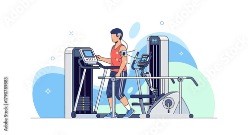Man Exercising on Treadmill in Gym, Flat Vector Illustration for Fitness Concept with Modern