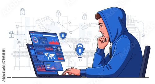 Man in hoodie analyzing data on laptop screen with security icons and factory background