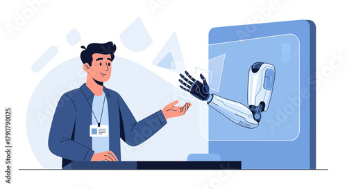 Man interacting with a robotic arm extending from a digital screen representing technology future