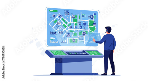 Man interacting with a futuristic control panel displaying complex data visualization system