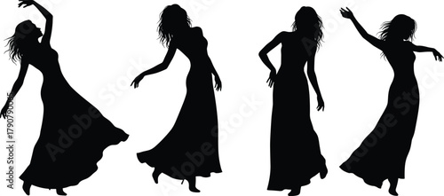 Dancing woman silhouettes, flowing dress movement, black outline, minimal art, expressive pose, rhythm gesture, elegant motion, graceful figure study